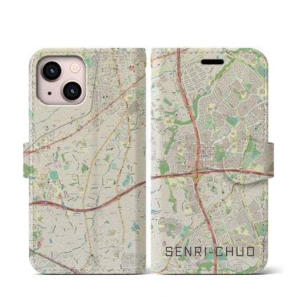 【千里中央（大阪府）】地図柄iPhoneケース（手帳タイプ）ナチュラル・iPhone 13 mini 用