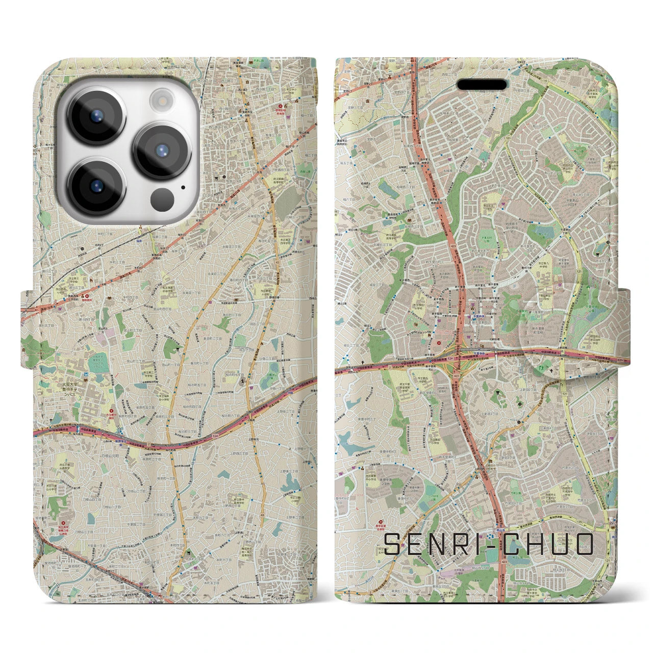 【千里中央】地図柄iPhoneケース（手帳両面タイプ・ナチュラル）iPhone 14 Pro 用