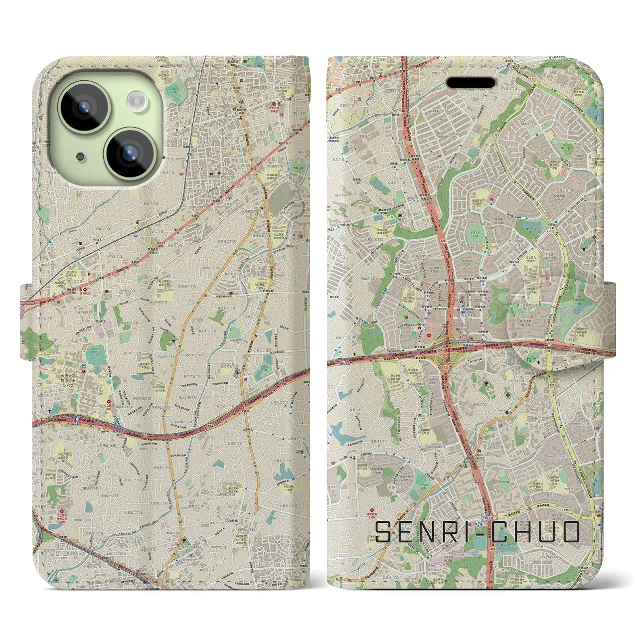 【千里中央】地図柄iPhoneケース（手帳両面タイプ・ナチュラル）iPhone 15 用