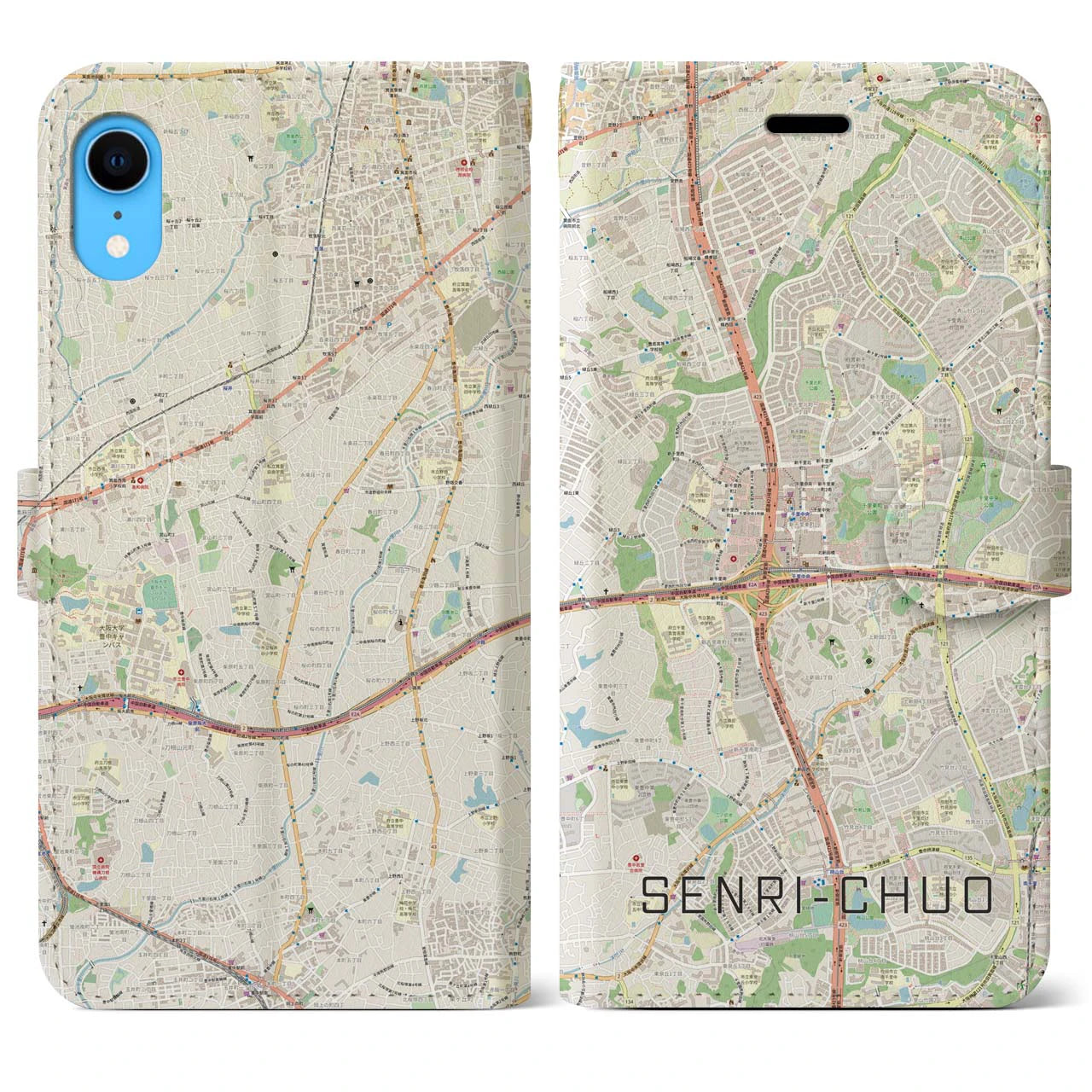 【千里中央】地図柄iPhoneケース（手帳両面タイプ・ナチュラル）iPhone XR 用