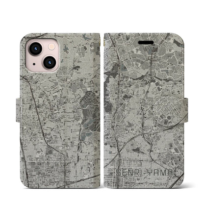 【千里山（大阪府）】地図柄iPhoneケース（手帳タイプ）モノトーン・iPhone 13 mini 用