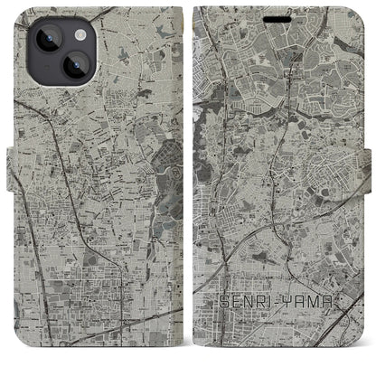 【千里山（大阪府）】地図柄iPhoneケース（手帳タイプ）モノトーン・iPhone 14 Plus 用