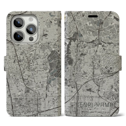 【千里山（大阪府）】地図柄iPhoneケース（手帳タイプ）モノトーン・iPhone 15 Pro 用