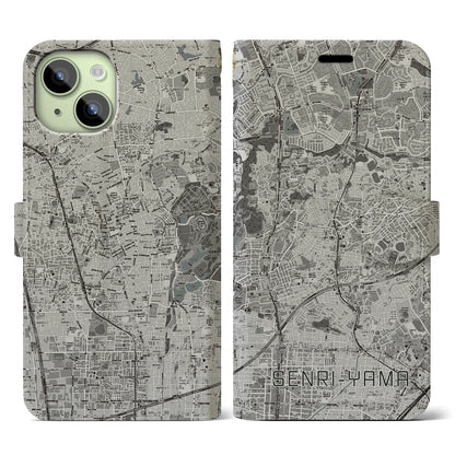 【千里山（大阪府）】地図柄iPhoneケース（手帳タイプ）モノトーン・iPhone 15 用