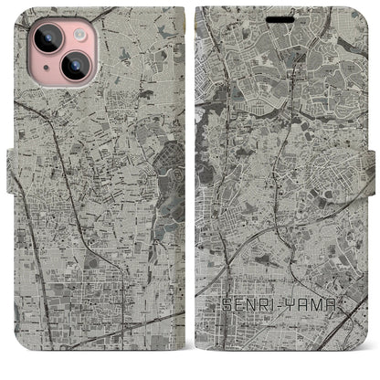 【千里山（大阪府）】地図柄iPhoneケース（手帳タイプ）モノトーン・iPhone 15 Plus 用