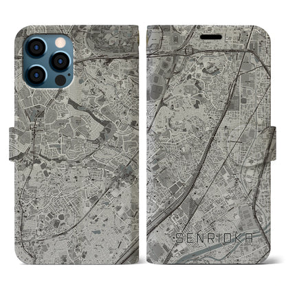 【千里丘（大阪府）】地図柄iPhoneケース（手帳タイプ）モノトーン・iPhone 12 / 12 Pro 用