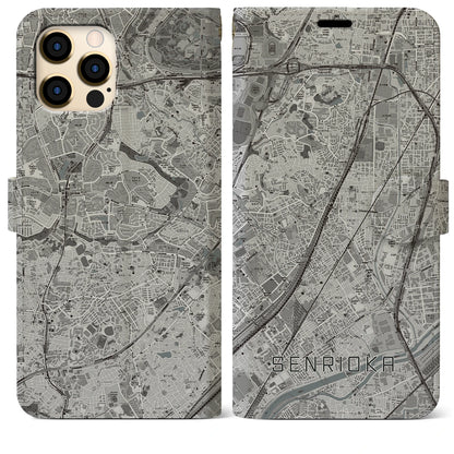 【千里丘（大阪府）】地図柄iPhoneケース（手帳タイプ）モノトーン・iPhone 12 Pro Max 用