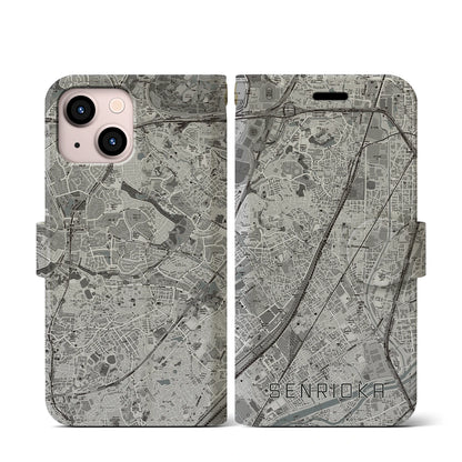 【千里丘（大阪府）】地図柄iPhoneケース（手帳タイプ）モノトーン・iPhone 13 mini 用