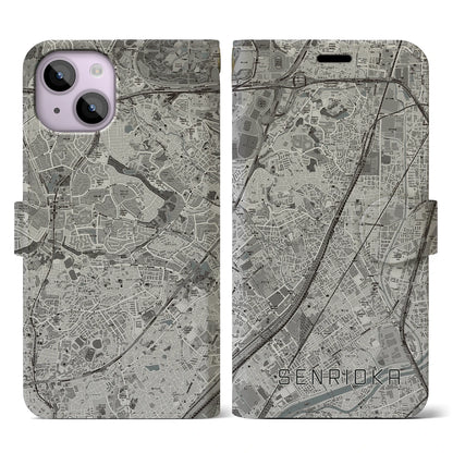 【千里丘（大阪府）】地図柄iPhoneケース（手帳タイプ）モノトーン・iPhone 14 用