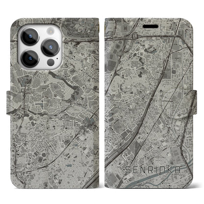 【千里丘（大阪府）】地図柄iPhoneケース（手帳タイプ）モノトーン・iPhone 14 Pro 用