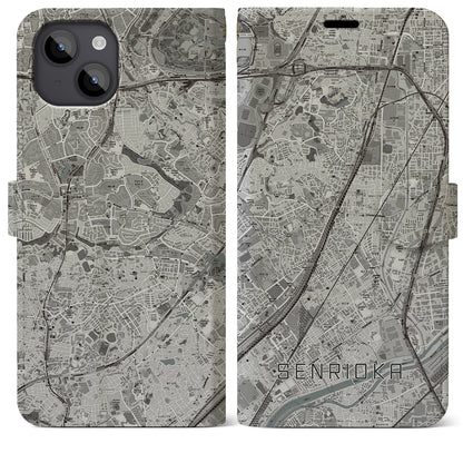 【千里丘（大阪府）】地図柄iPhoneケース（手帳タイプ）モノトーン・iPhone 14 Plus 用