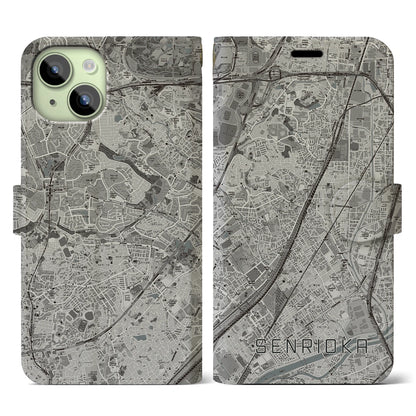 【千里丘（大阪府）】地図柄iPhoneケース（手帳タイプ）モノトーン・iPhone 15 用