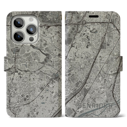 【千里丘（大阪府）】地図柄iPhoneケース（手帳タイプ）モノトーン・iPhone 15 Pro 用