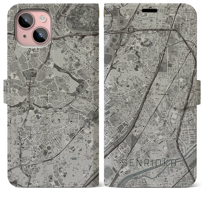 【千里丘（大阪府）】地図柄iPhoneケース（手帳タイプ）モノトーン・iPhone 15 Plus 用