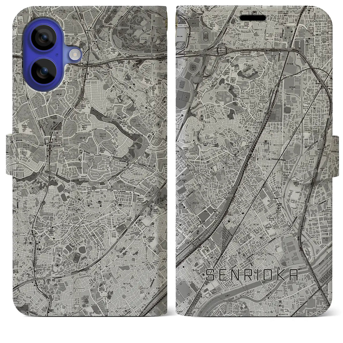 【千里丘(大阪府)】地図柄iPhoneケース(手帳タイプ)モノトーン・iPhone 16 Pro Max 用