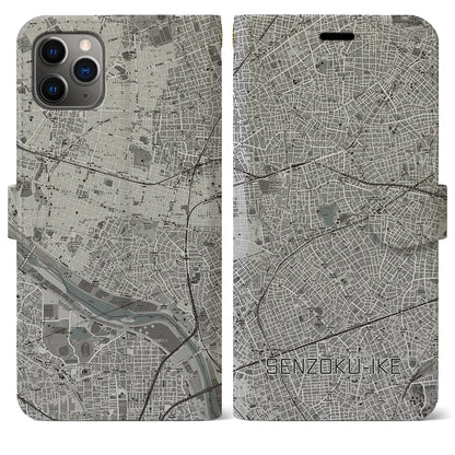 【洗足池（東京都）】地図柄iPhoneケース（手帳タイプ）モノトーン・iPhone 11 Pro Max 用