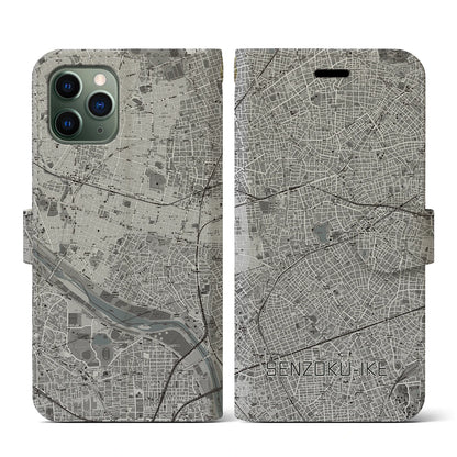 【洗足池（東京都）】地図柄iPhoneケース（手帳タイプ）モノトーン・iPhone 11 Pro 用