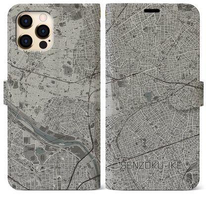 【洗足池（東京都）】地図柄iPhoneケース（手帳タイプ）モノトーン・iPhone 12 Pro Max 用