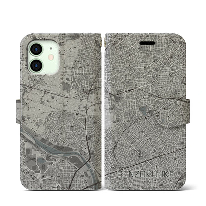 【洗足池（東京都）】地図柄iPhoneケース（手帳タイプ）モノトーン・iPhone 12 mini 用