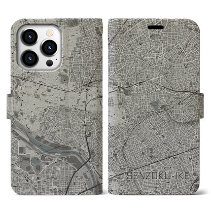 【洗足池（東京都）】地図柄iPhoneケース（手帳タイプ）モノトーン・iPhone 13 Pro 用