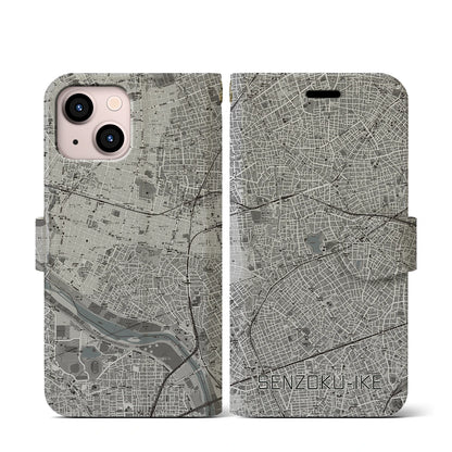 【洗足池（東京都）】地図柄iPhoneケース（手帳タイプ）モノトーン・iPhone 13 mini 用