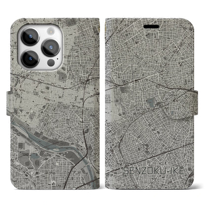 【洗足池（東京都）】地図柄iPhoneケース（手帳タイプ）モノトーン・iPhone 14 Pro 用
