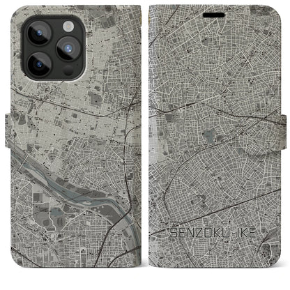 【洗足池（東京都）】地図柄iPhoneケース（手帳タイプ）モノトーン・iPhone 15 Pro Max 用