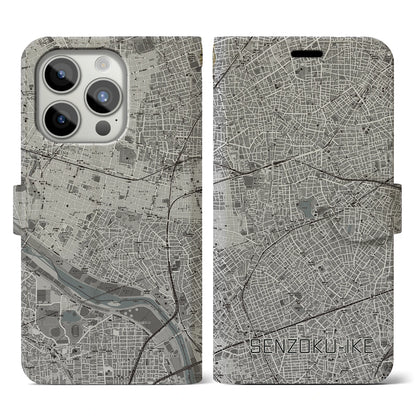 【洗足池（東京都）】地図柄iPhoneケース（手帳タイプ）モノトーン・iPhone 15 Pro 用