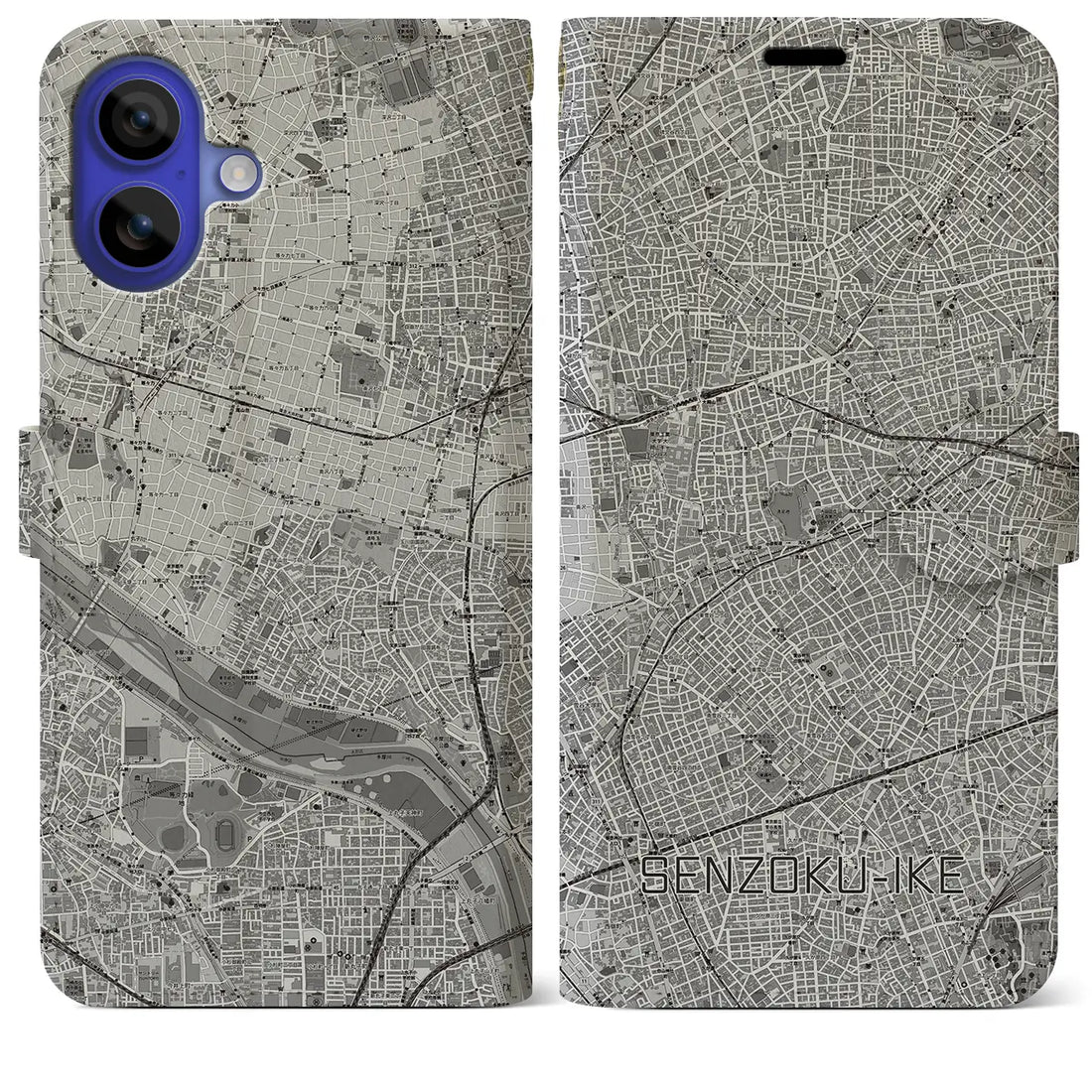 【洗足池(東京都)】地図柄iPhoneケース(手帳タイプ)モノトーン・iPhone 16 Pro Max 用