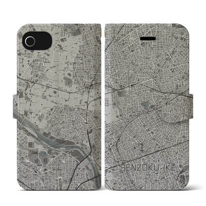 【洗足池（東京都）】地図柄iPhoneケース（手帳タイプ）モノトーン・iPhone SE（第3 / 第2世代） / 8 / 7 / 6s / 6 用