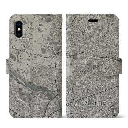【洗足池（東京都）】地図柄iPhoneケース（手帳タイプ）モノトーン・iPhone XS / X 用