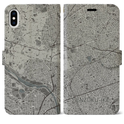 【洗足池（東京都）】地図柄iPhoneケース（手帳タイプ）モノトーン・iPhone XS Max 用