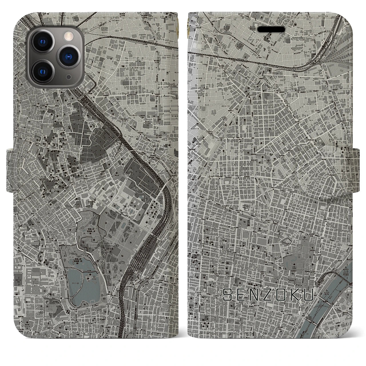 【千束】地図柄iPhoneケース（手帳両面タイプ・モノトーン）iPhone 11 Pro Max 用