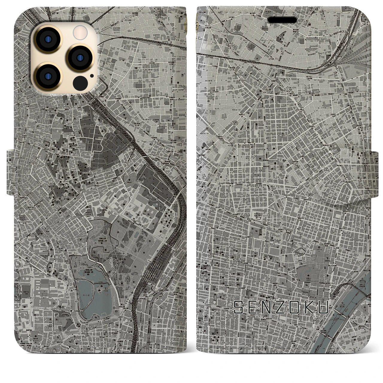 【千束】地図柄iPhoneケース（手帳両面タイプ・モノトーン）iPhone 12 Pro Max 用