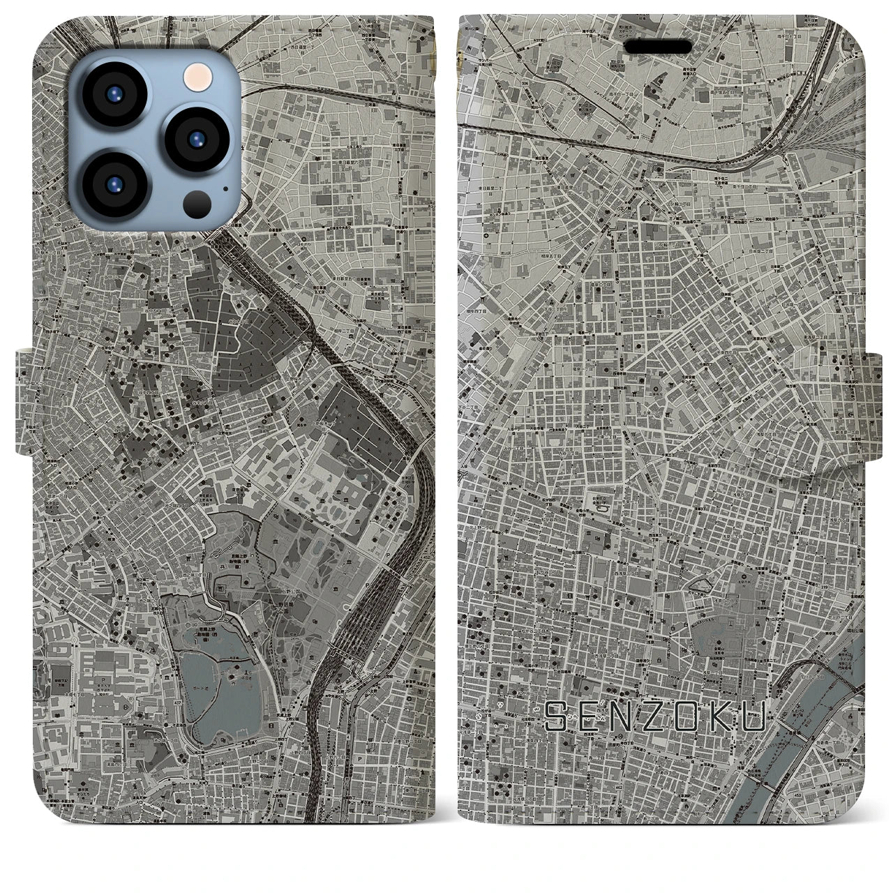 【千束】地図柄iPhoneケース（手帳両面タイプ・モノトーン）iPhone 13 Pro Max 用
