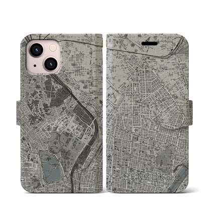 【千束（東京都）】地図柄iPhoneケース（手帳タイプ）モノトーン・iPhone 13 mini 用