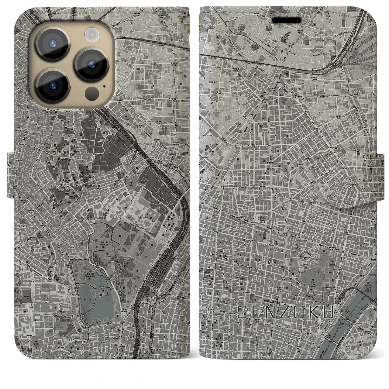 【千束】地図柄iPhoneケース（手帳両面タイプ・モノトーン）iPhone 14 Pro Max 用