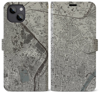 【千束（東京都）】地図柄iPhoneケース（手帳タイプ）モノトーン・iPhone 14 Plus 用