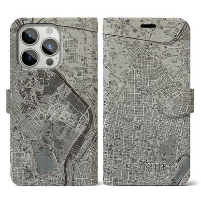 【千束（東京都）】地図柄iPhoneケース（手帳タイプ）モノトーン・iPhone 15 Pro 用
