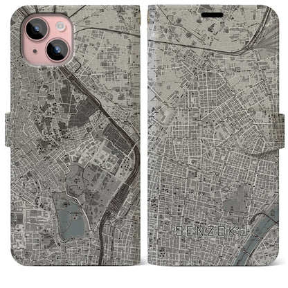 【千束（東京都）】地図柄iPhoneケース（手帳タイプ）モノトーン・iPhone 15 Plus 用