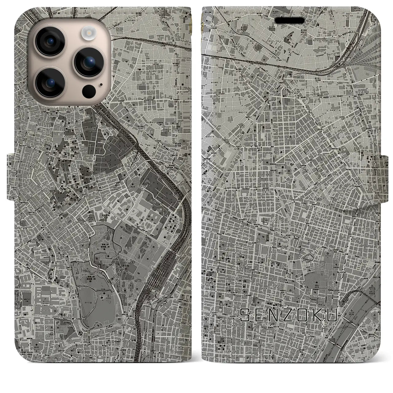 【千束（東京都）】地図柄iPhoneケース（手帳タイプ）モノトーン・iPhone 16 Plus 用