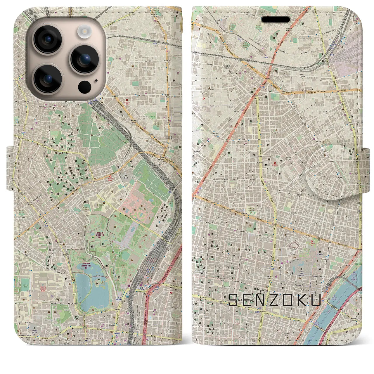 【千束（東京都）】地図柄iPhoneケース（手帳タイプ）ナチュラル・iPhone 16 Plus 用