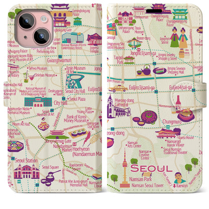 【ソウル（イラスト）】イラストマップiPhoneケース（手帳タイプ）ブライト・iPhone 15 Plus 用