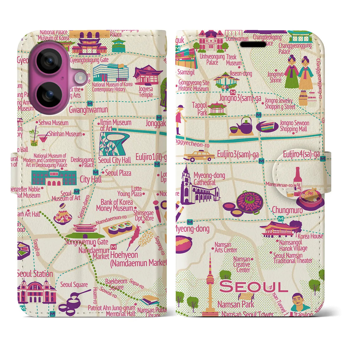 【ソウル(イラスト)】イラストマップiPhoneケース(手帳タイプ)ブライト・iPhone 16 Pro 用