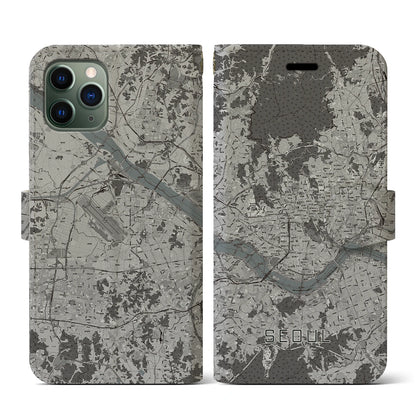 【ソウル（韓国）】地図柄iPhoneケース（手帳タイプ）モノトーン・iPhone 11 Pro 用