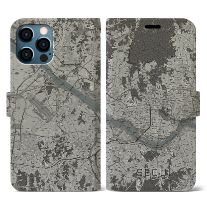 【ソウル（韓国）】地図柄iPhoneケース（手帳タイプ）モノトーン・iPhone 12 / 12 Pro 用