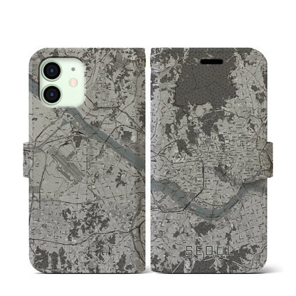 【ソウル（韓国）】地図柄iPhoneケース（手帳タイプ）モノトーン・iPhone 12 mini 用