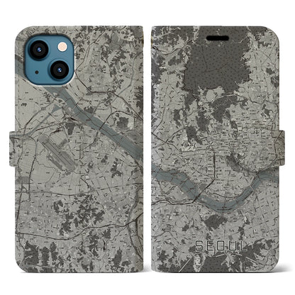 【ソウル（韓国）】地図柄iPhoneケース（手帳タイプ）モノトーン・iPhone 13 用