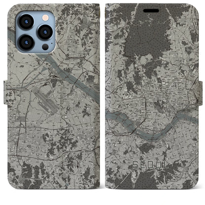 【ソウル（韓国）】地図柄iPhoneケース（手帳タイプ）モノトーン・iPhone 13 Pro Max 用