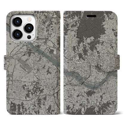 【ソウル（韓国）】地図柄iPhoneケース（手帳タイプ）モノトーン・iPhone 13 Pro 用